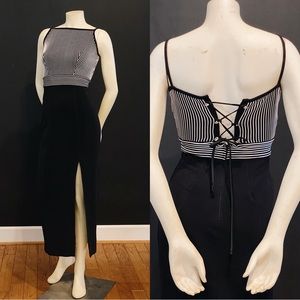 Vintage 90s Black and White High Slit Bodycon Midi Dress